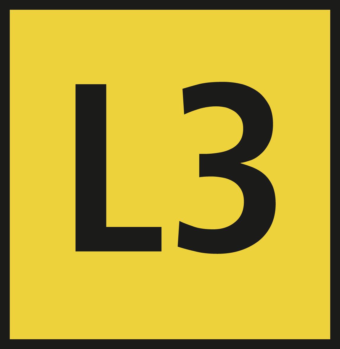 Gelbes Quadrat mit schwarzem Rand, darauf der schwarze Text 'L3'.