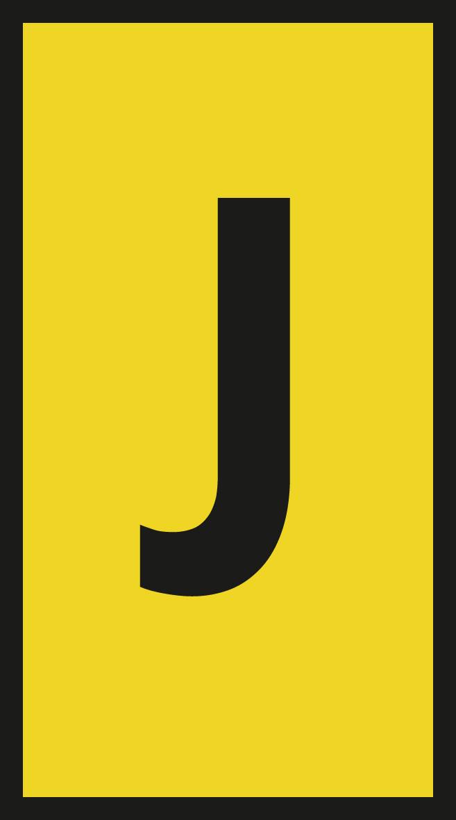 Großer schwarzer Buchstabe "J" auf gelbem Hintergrund.