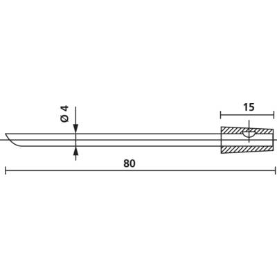 Technische Zeichnung eines zylindrischen Stifts mit den Maßen: Länge 80 mm, Durchmesser 4 mm. Oberer Teil zeigt Querschnitt mit Länge 15 mm.