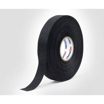 Eine schwarze Rolle Klebeband steht aufrecht.