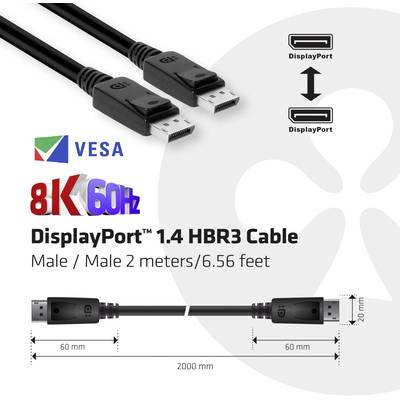 'DisplayPort 1.4 HBR3 Kabel' mit 2 Metern Länge, geeignet für 8K bei 60 Hz, zeigt zwei DisplayPort-Stecker und das VESA-Logo.