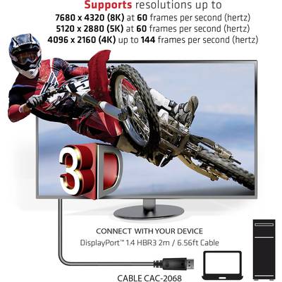 '3D-Monitor mit Motocross-Fahrer auf dem Bildschirm. Unterstützt Auflösungen bis zu 8K bei 60 Hz. Inklusive DisplayPort-Kabel.'