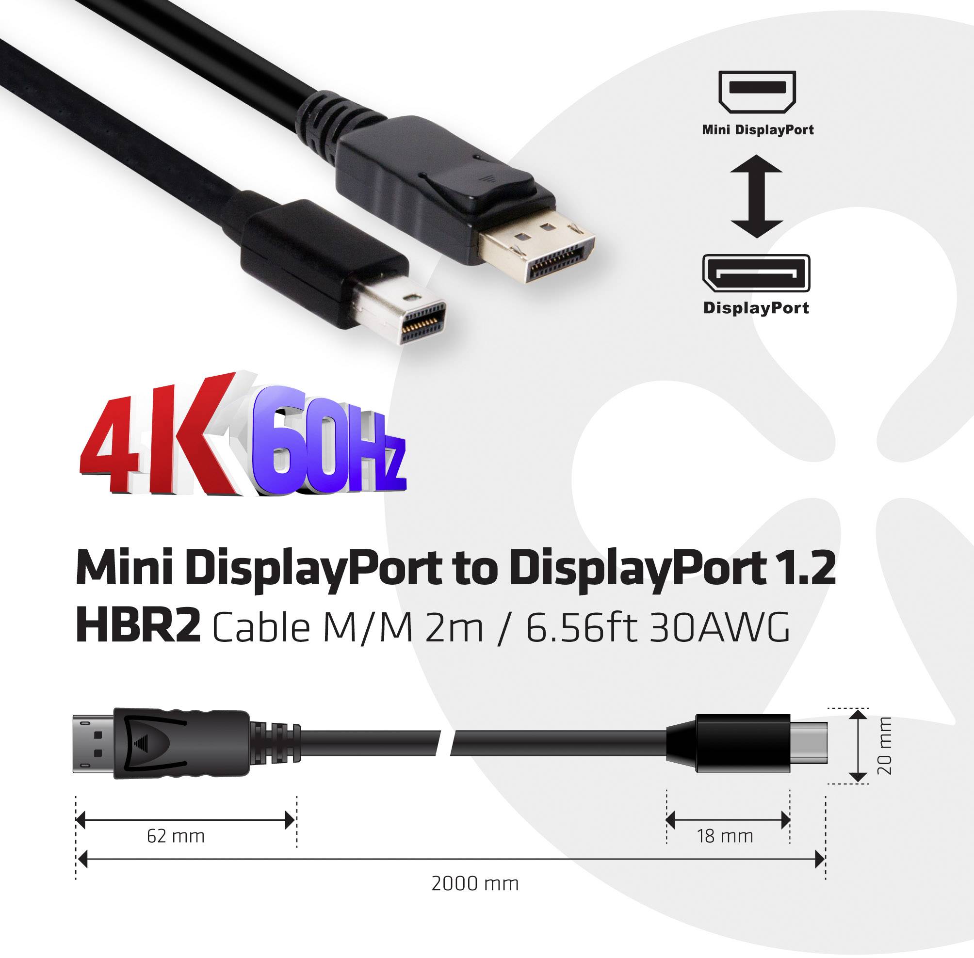 'Mini DisplayPort to DisplayPort 1.2 Kabel HBR2 M/M 2m 4K 60Hz, 62mm Stecker, 2000mm Länge, 18mm Dicke.'