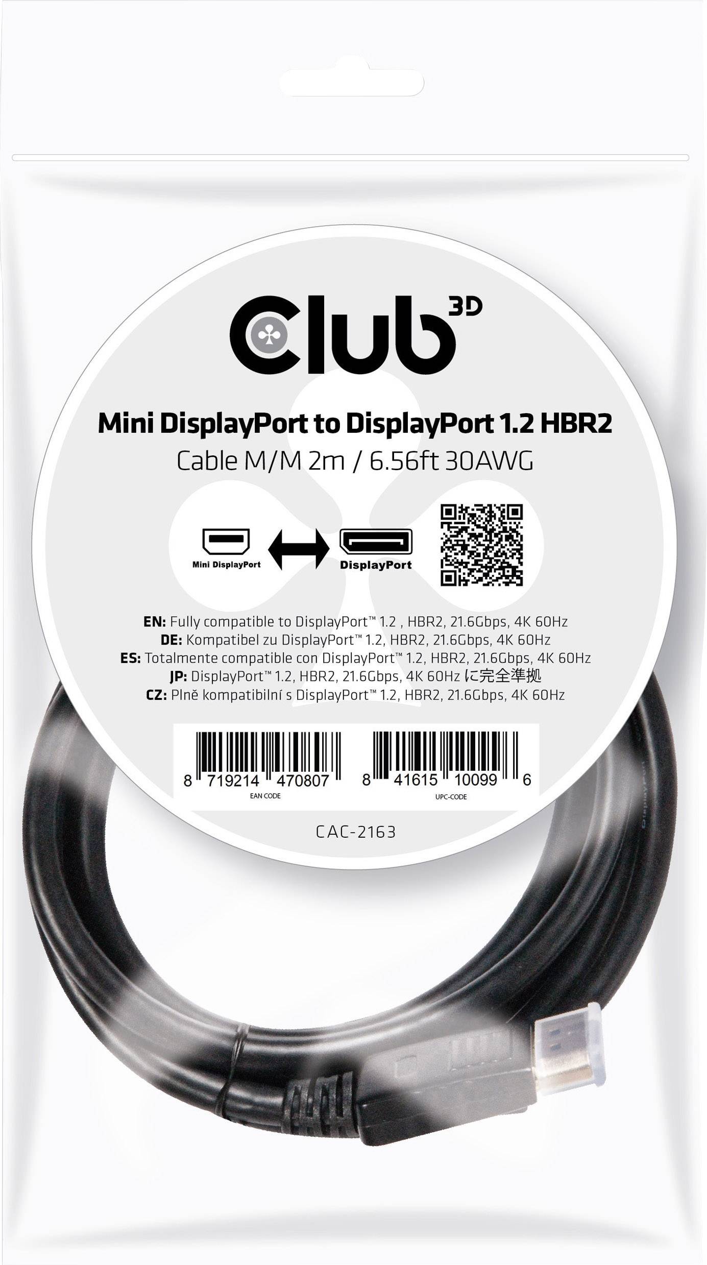 Verpackung mit 'Club3D Mini DisplayPort zu DisplayPort 1.2 HBR2'-Kabel, 2 m Länge. Unterstützt 4K, 60 Hz, 21.6 Gbps.