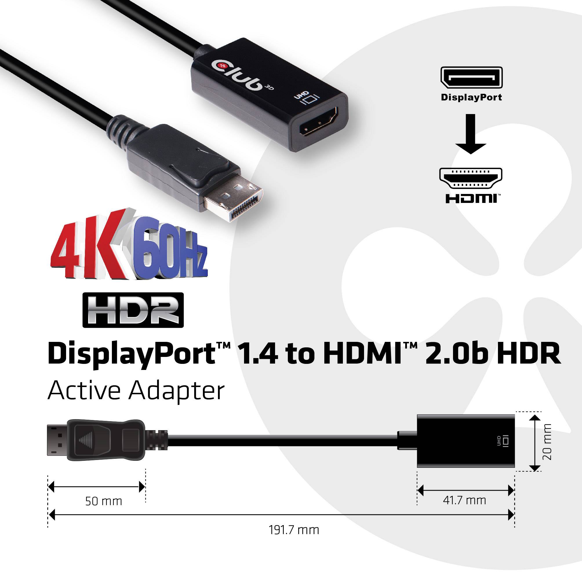 'DisplayPort 1.4 zu HDMI 2.0b HDR Adapter, unterstützt 4K 60Hz.' Adapteranschlüsse und Maße deutlich abgebildet.