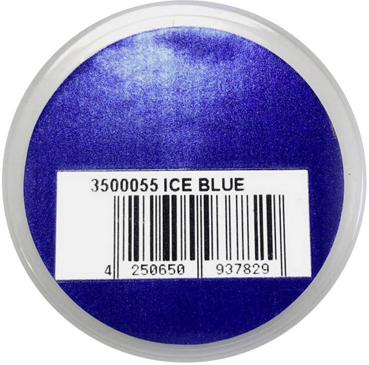 Runde Dose mit blauem Deckel, Aufkleber mit schwarzem Barcode und der Aufschrift '3500055 ICE BLUE'.