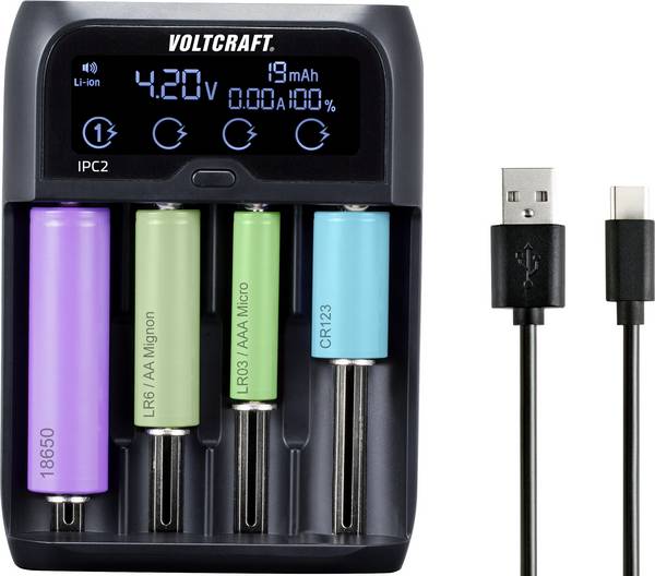 VOLTCRAFT IPC-2 Rundzellen-Ladegerät NiMH, NiCd, LiIon, LiFePO Mini (AAAA), Micro (AAA), Mignon (AA), Baby (C), Sub-C, A, 10440, 14500, 14650, 16340, 17355, 17500, 17650, 17670, 18350, 18500, 18650, 20650, 22650, 26500, 26650