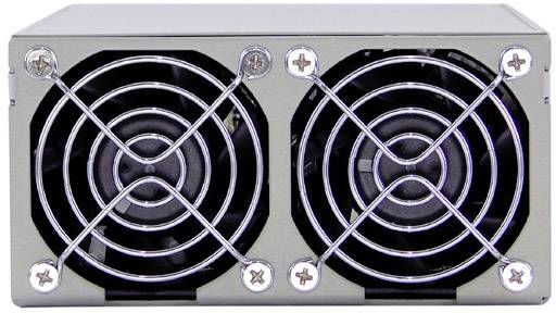 Zwei Computerlüfter in einem rechteckigen Metallgehäuse, die der Kühlung elektronischer Komponenten wie Netzteile dienen.