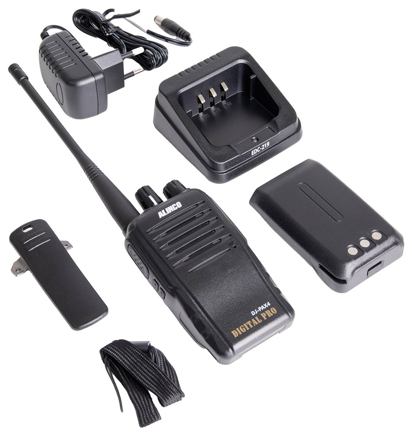 Ein Funkgerät mit Ladestation, Akku, Gürtelclip, Netzteil und Trageband. Die Geräte sind für den professionellen Gebrauch konzipiert.