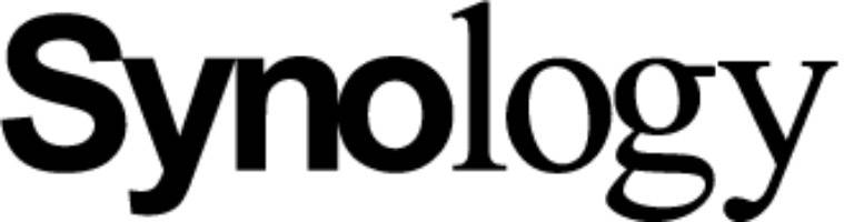 Der Schriftzug 'Synology' ist in schwarzer Serifenschrift dargestellt.