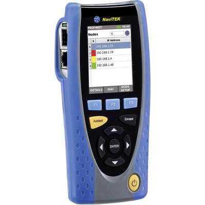 Handheld-Netzwerktester mit Display, das eine Liste von Knotenadressen in verschiedenen Farben zeigt. Gerät hat Bedienelemente darunter.