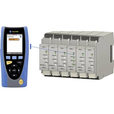 Handheld-Netzwerktester mit Bildschirm links neben einem Netzwerk-Switch mit acht Ports rechts; Verbindung mit 'Port 1' hervorgehoben.