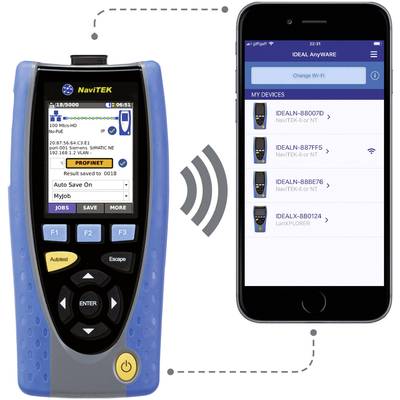 Ein Kabeltester zeigt ein Testprotokoll mit Datum und Uhrzeit. Daneben ein Smartphone, das über WLAN Geräteverbindungen anzeigt.