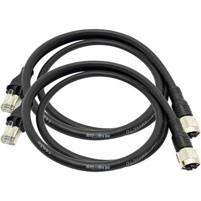 Ein Paar schwarze Kabel, eines mit RJ45-Stecker und eines mit BNC-Stecker. Sie sind zu Schlaufen geformt und nebeneinander platziert.