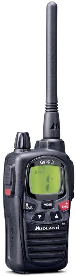 Ein schwarzes Walkie-Talkie mit einem grünen Bildschirm und einer langen Antenne, Modellbezeichnung 'G9 PRO'.