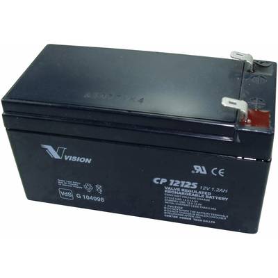 Batterie mit der Aufschrift 'CP 1212S' und Spezifikationen; rechteckige Form, zwei Anschlüsse oben.