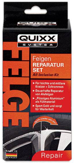Verpackung eines Felgen-Reparatur-Sets mit Beschriftung: "Für leichte und mittlere Kratzer, dauerhafte Reparatur, spart Geld."