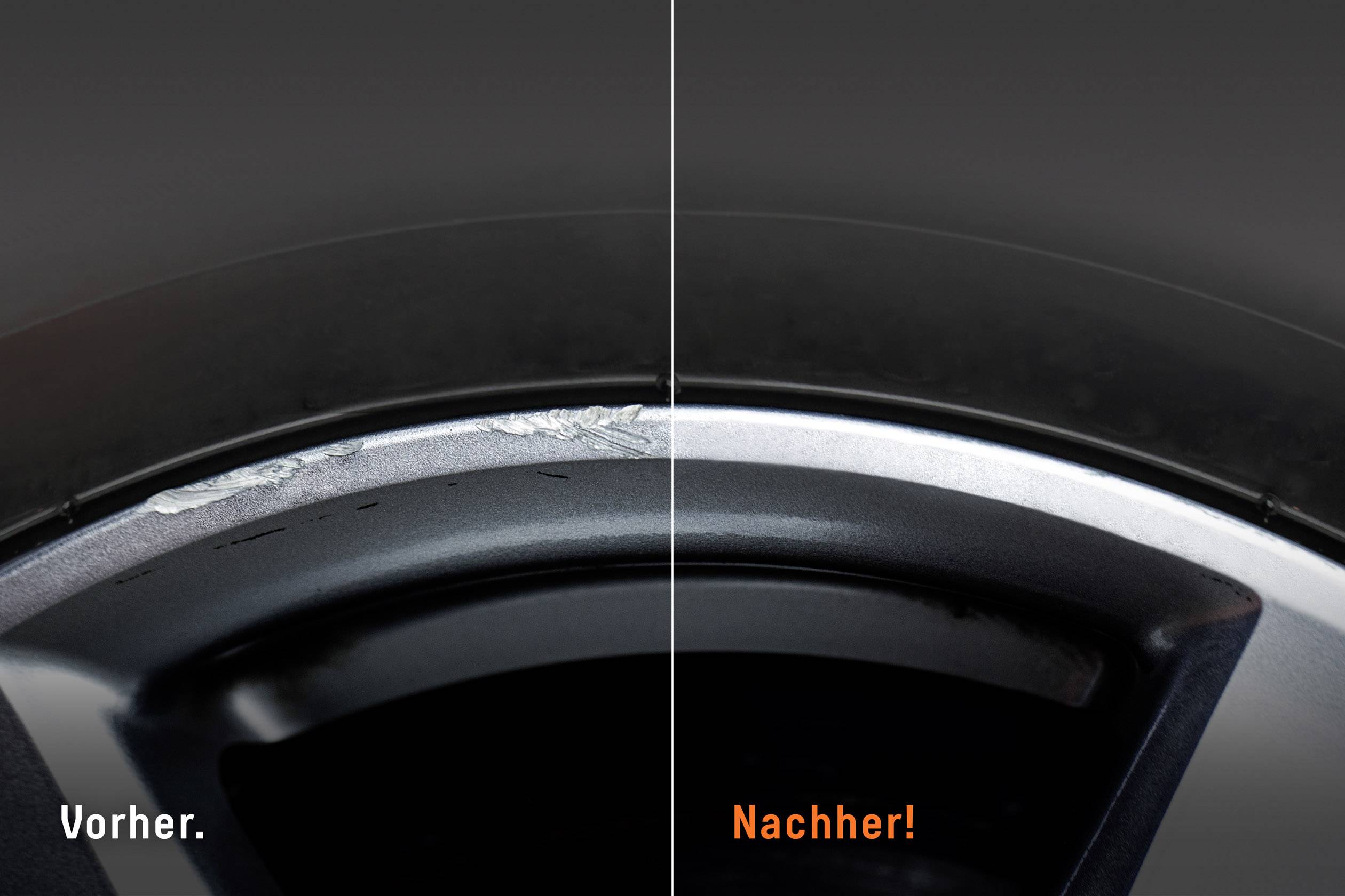Radnabe in Nahaufnahme, links mit Kratzern 'Vorher', rechts glatt 'Nachher'.