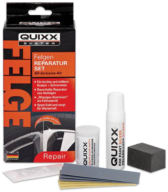 'QUIXX Felgen Reparatur Set' zur Reparatur leichter Kratzer an Felgen; enthält Schleifpapier, Poliermittel, Lackstift und Schwamm.