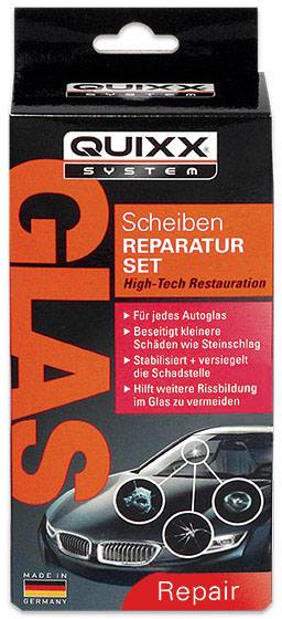 Box eines 'Quixx System Scheiben Reparatursets' für Autoglas. Enthält Anweisungen: 'Beseitigt kleinere Schäden, stabilisiert, versiegelt'. Made in Germany. Autoabbildung.