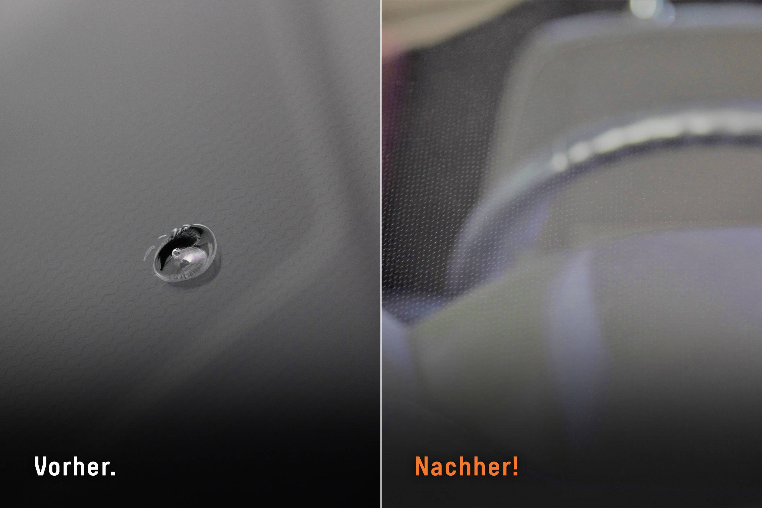 Links ein kleiner Steinschlagschaden an einer Windschutzscheibe mit dem Text 'Vorher.' Rechts die reparierte Scheibe mit dem Text 'Nachher!'.
