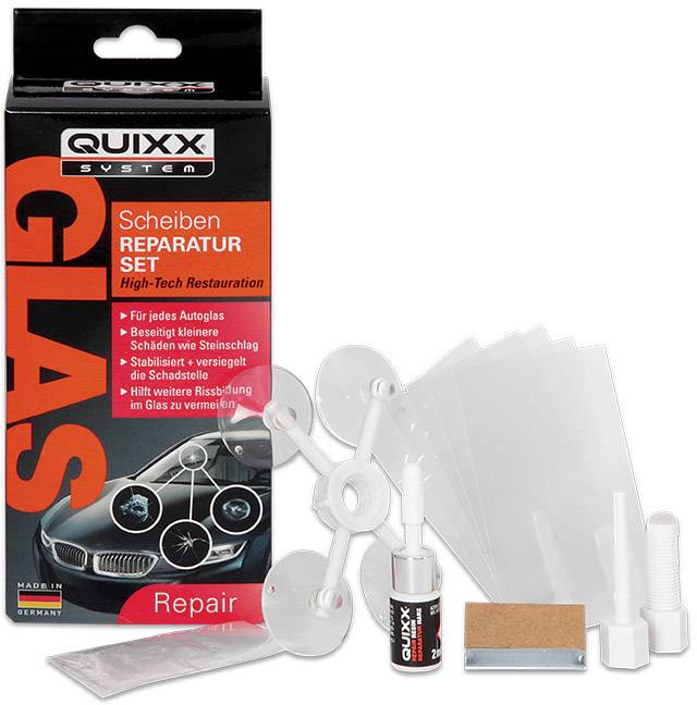 'QUIXX Scheiben Reparatur Set' zur Reparatur von Autoscheiben, enthält Applikator, Flüssigkeit, Anleitung und Zubehör, geeignet für kleine Schäden.