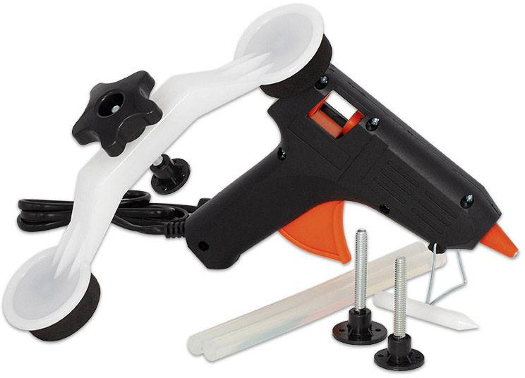 Pistolenförmiges Klebepistolen-Werkzeug mit Orangenschalter, weißen Saugnäpfen, zwei Schrauben und Klebestiften.