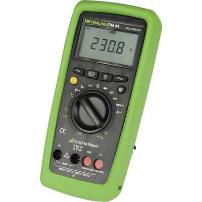 Grünes Multimeter zeigt eine Spannung von 230,8 Volt an. Das Gerät hat verschiedene Messeinstellungen und ist für Elektriker geeignet.