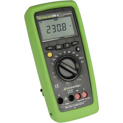 Digitales Multimeter mit grünem Gehäuse zeigt '230,8' auf dem Display, umgeben von verschiedenen Messmodi und Bedienelementen.