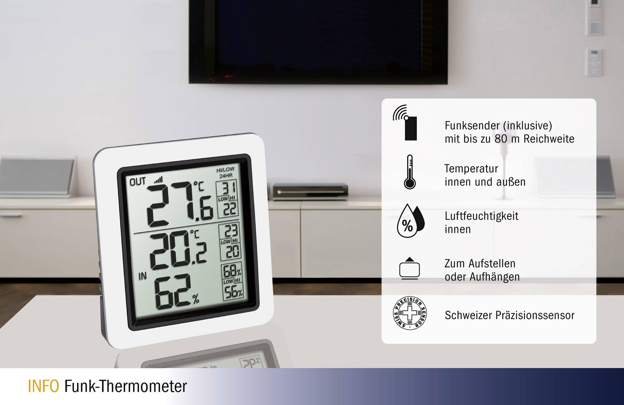 Ein digitales Thermometer zeigt '27°C außen', '20°C innen', '62% Luftfeuchtigkeit'. Infos: Funk, Reichweite 80m, Präzisionssensor.