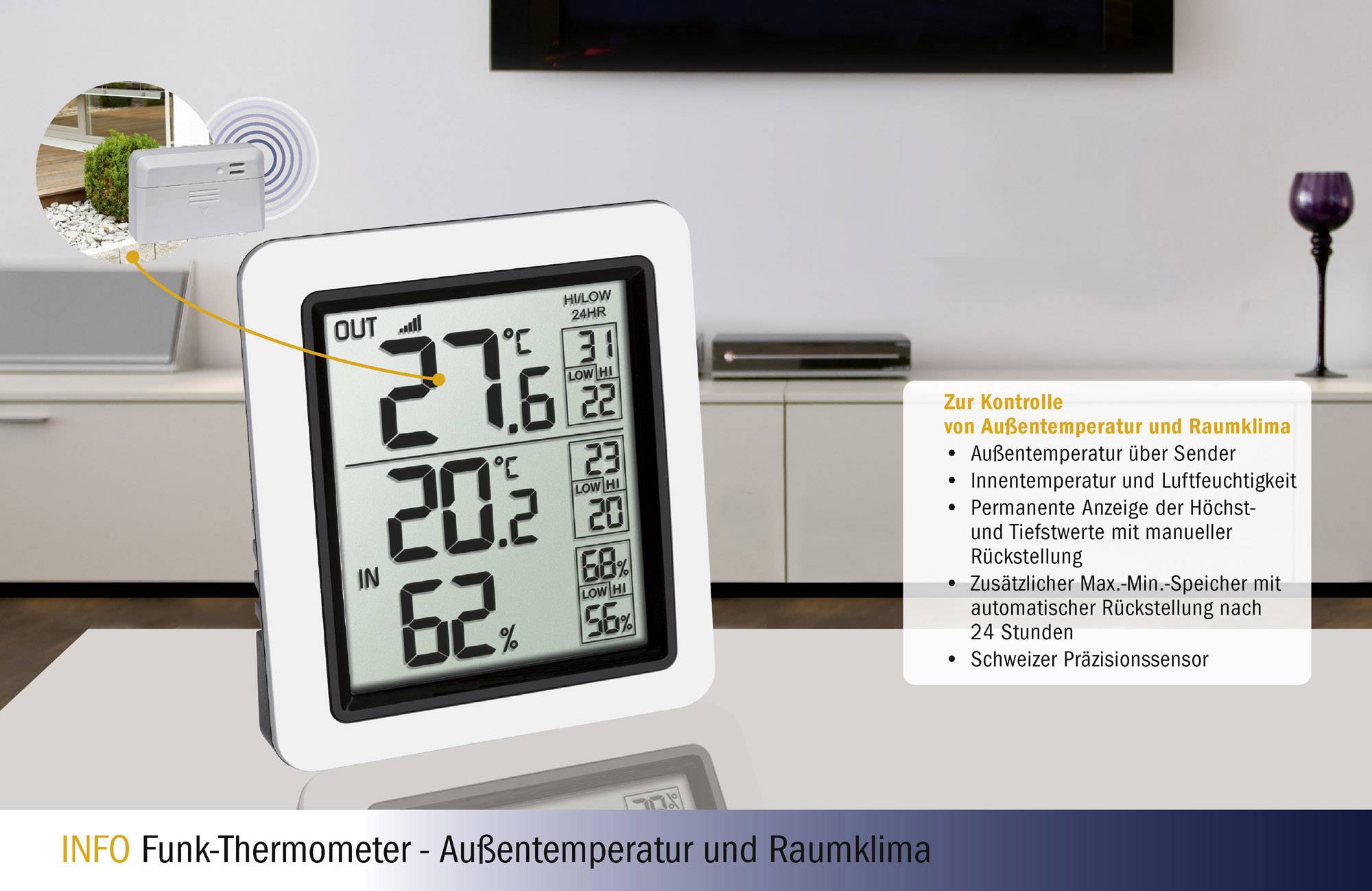 'Funk-Thermometer' zeigt Raum- und Außentemperatur, Luftfeuchtigkeit. Rechte Seite: Liste der Funktionen auf Holzhintergrund.