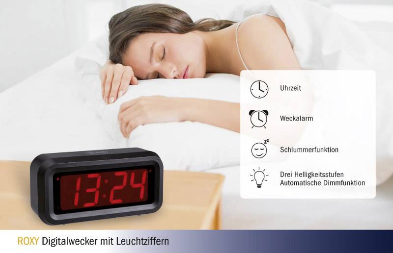 Eine Frau schläft neben einem digitalen Wecker, der 13:24 Uhr anzeigt. Rechts befinden sich Funktionen des Weckers: Uhrzeit, Weckalarm, Schlummerfunktion, Helligkeitsstufen.
