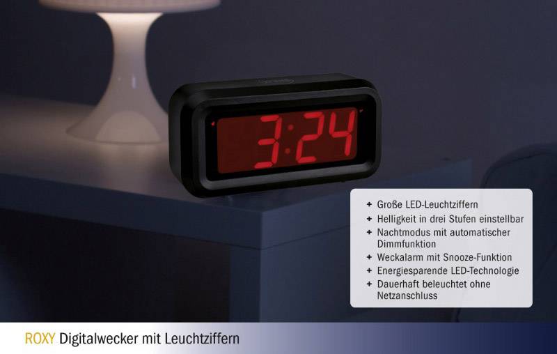 Schwarzer Digitalwecker mit großen roten LED-Ziffern '3:24' auf Nachtmodus. Features: Snooze, dimmbar, energiesparend.