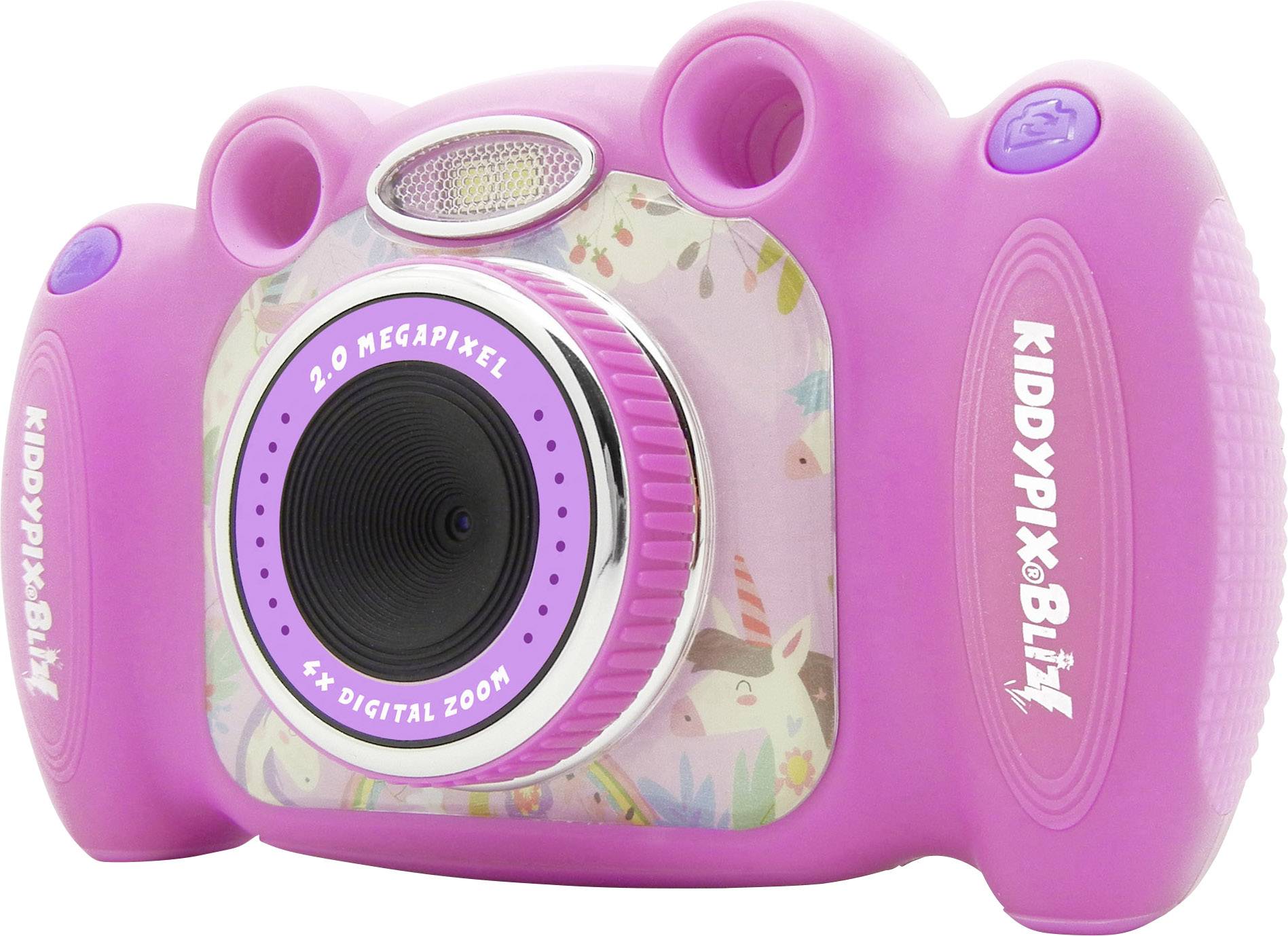 Kindgerechter Fotoapparat in Rosa mit Aufschrift 'Kiddypix Blizz', 2.0 Megapixel, 4x Digitalzoom, dekoriert mit Einhornmotiven.