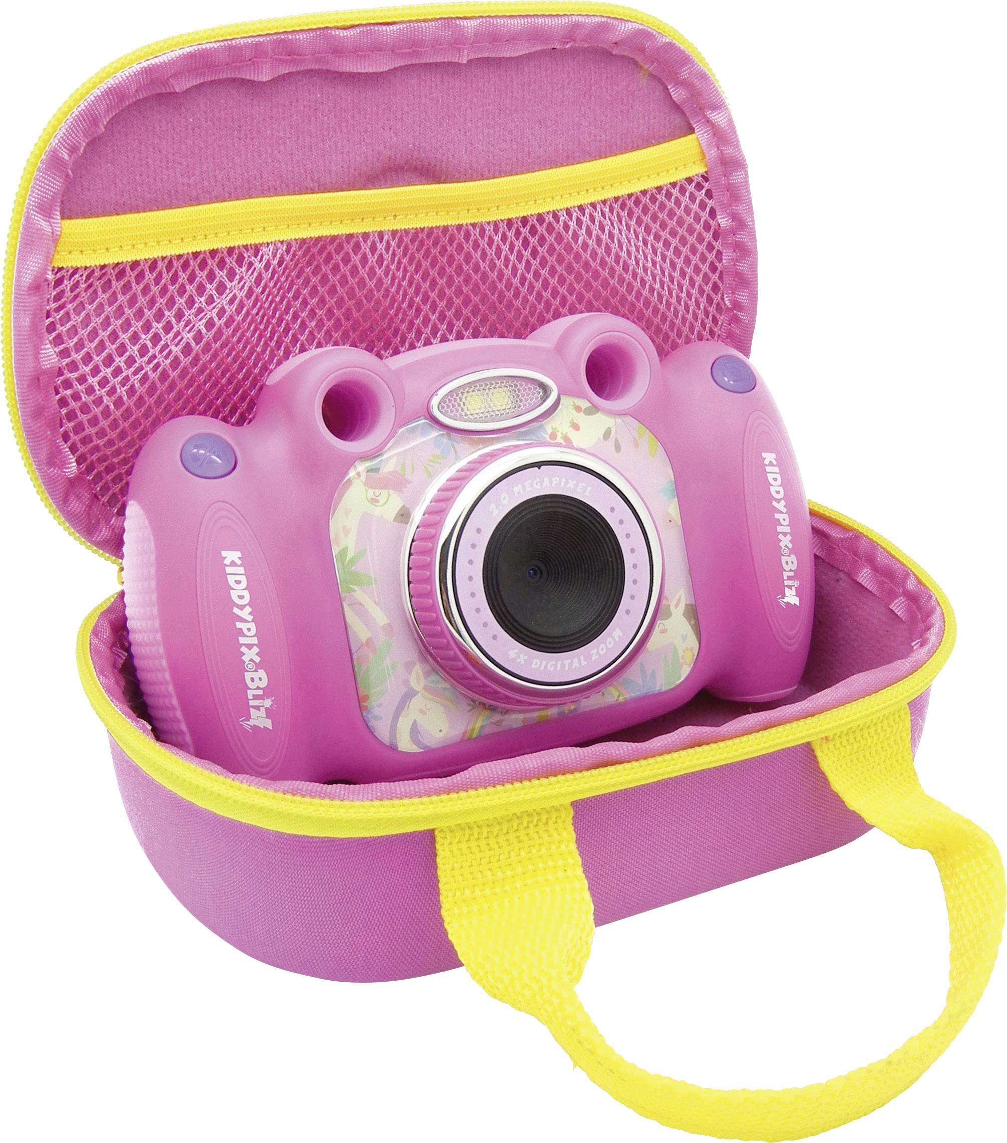 Eine pinke Kinderkamera in einer passenden Tasche mit gelbem Reißverschluss und Tragegriffen. Ideal für kindgerechte Fotografie.