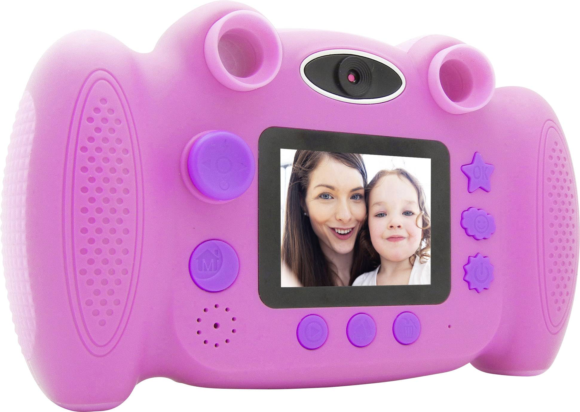 Ein rosa kinderfreundlicher Fotoapparat mit mehreren Knöpfen und einem kleinen Bildschirm, der ein fröhliches Kind mit einer erwachsenen Person zeigt.