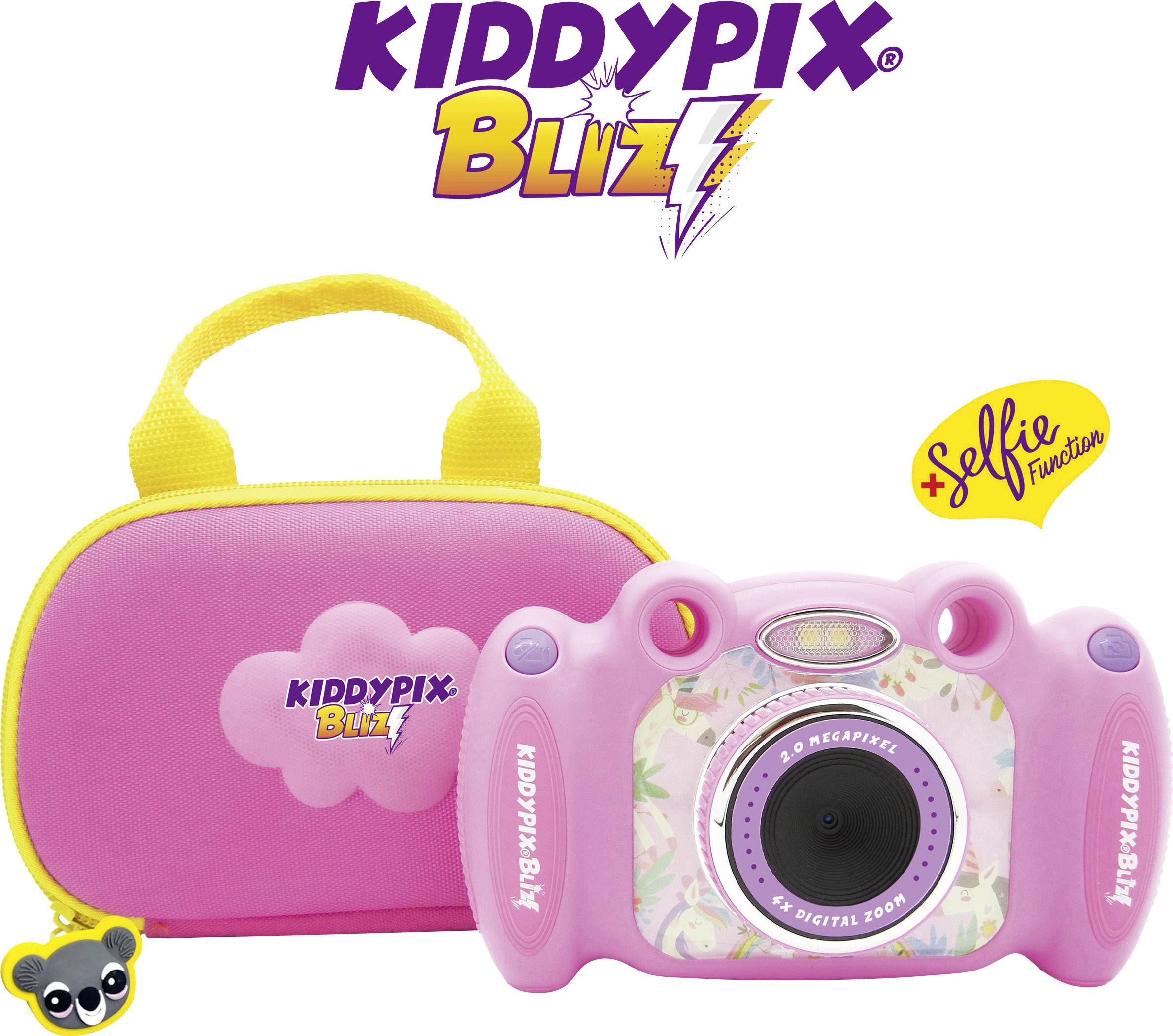 Kinderkamera in Pink mit Blumenmuster, Blitz und Selfie-Funktion. Gelbe Tragetasche mit 'KiddyPix Blizz' Logo.