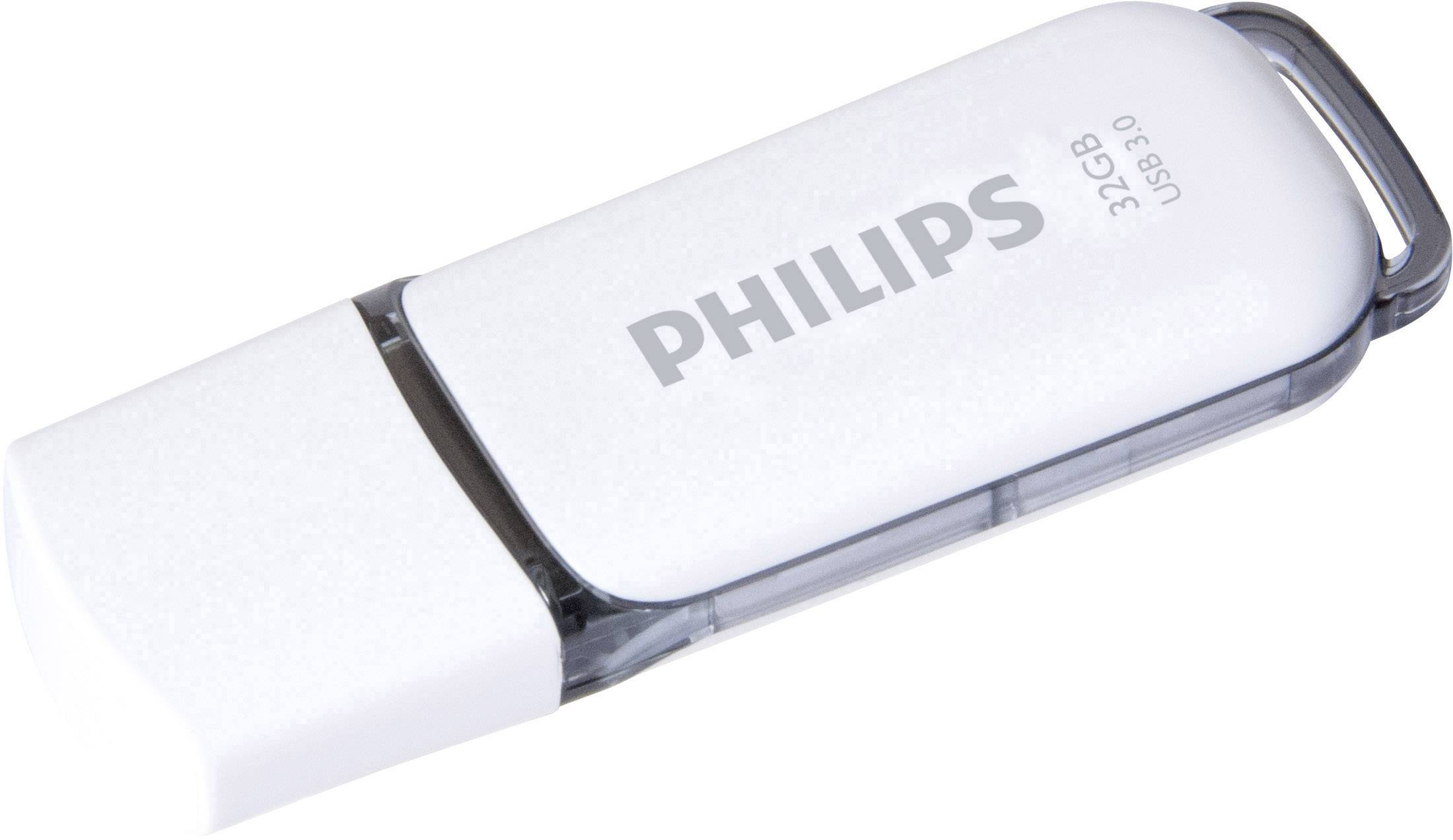 Ein weißer USB-Stick mit der Aufschrift 'PHILIPS' und '32GB USB 3.0', geeignet für Datenspeicherung und Übertragung.