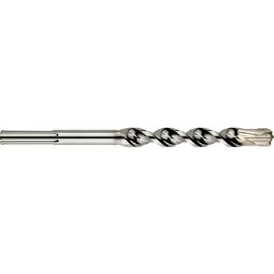 Eine Nahaufnahme eines Metallbohrers mit langem Schaft und spiralförmigen Nuten, horizontal auf weißem Hintergrund dargestellt.