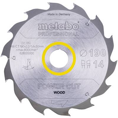 Kreisförmiges Metallsägeblatt von Metabo Professional mit der Bezeichnung „POWER CUT WOOD", mit 190 mm Durchmesser, 14 Zähnen und gelbmarkiertem Mittenloch.