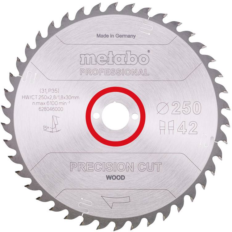 Kreissägeblatt Metabo Professional für Holz mit rotem Mittlering, beschriftet mit „PRECISION CUT", „HOLZ", „Ø 250" und „42", vor weißem Hintergrund dargestellt.