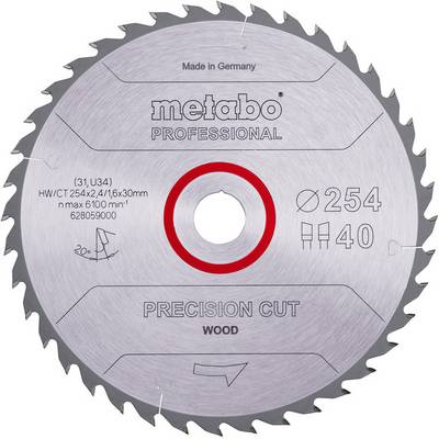 Metabo Professionelle Kreissägeblatt für Holz, mit der Bezeichnung „Precision Cut"; 254 mm Durchmesser, 40 Zähne, hergestellt in Deutschland.