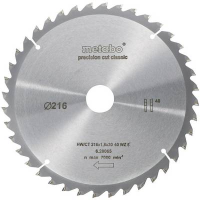 Rundes Sägeblatt aus Metall mit mehreren scharfen Zähnen und der Aufschrift 'metabo precision cut classic', Durchmesser Ø216 mm.