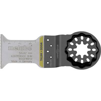 Nahaufnahme eines Metabo-Oszillationsschliff-Messer, gekennzeichnet mit 34x42 mm und "HOLZ + METALL", mit einem sternförmigen schwarzen Schneidekopf.