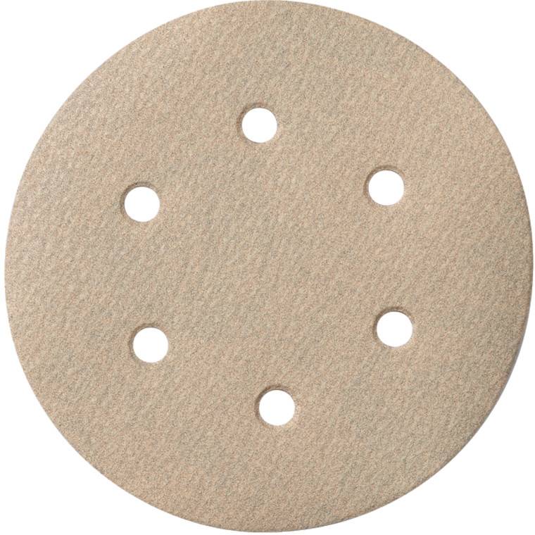Runde beige Schleifscheibe mit sechs Löchern zur Staubabsaugung, von oben auf weißem Hintergrund betrachtet.