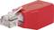 Ein roter Schutzstecker für RJ45-Netzwerkstecker. Er schützt die Verbindung vor Beschädigung und Verschmutzung.