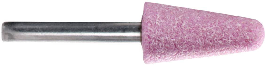Rosa Schleifkopf mit konischer Form und Metallstift zur Befestigung in einem Bohrwerkzeug, verwendet zum Schleifen oder Polieren.