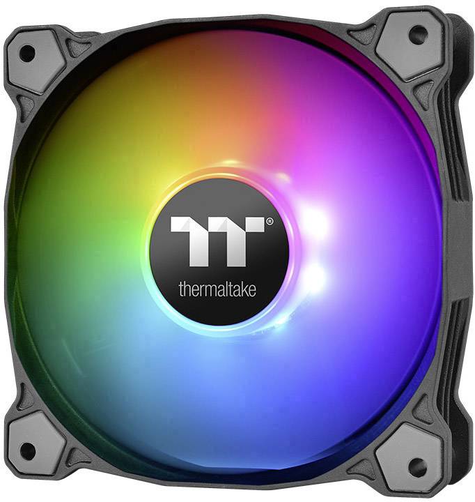 Ein quadratischer Lüfter mit einem runden, leuchtenden LED-Licht in verschiedenen Farben; die Mitte zeigt das 'Thermaltake'-Logo.