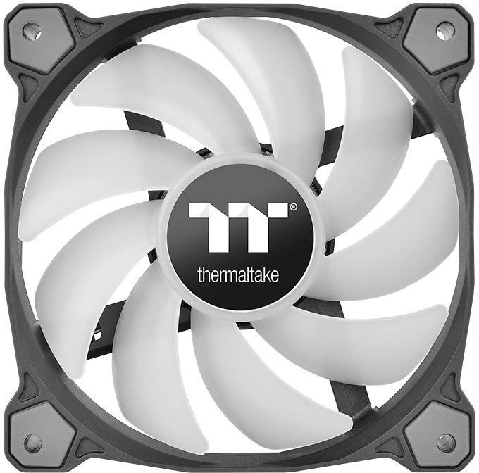 Ein Thermaltake-Lüfter mit acht weißen Rotorblättern, quadratischem Rahmen und dem 'thermaltake'-Logo zentral platziert.