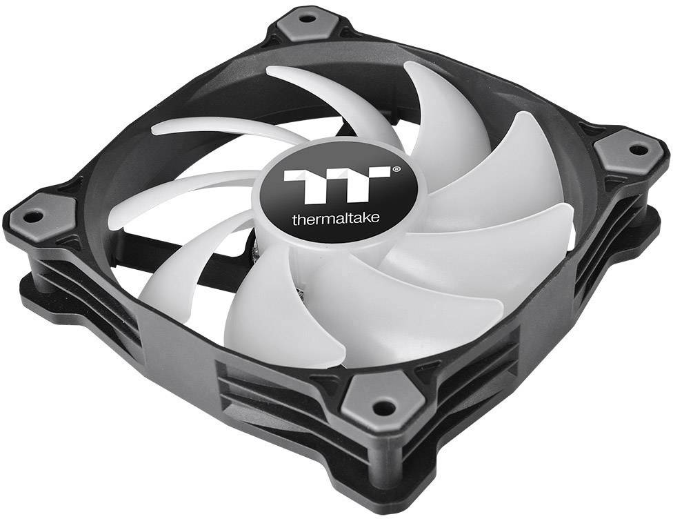 PC-Gehäuselüfter von Thermaltake in Schwarz und Weiß, zeigt acht Lüfterblätter. Hauptsächlich für Kühlung in Computern genutzt.